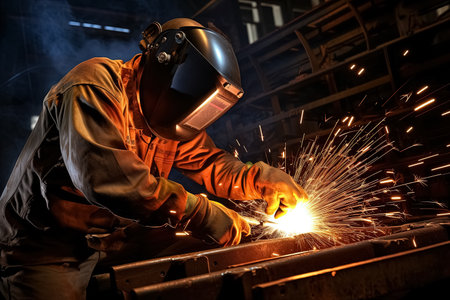 Welder at work in a factory. Metalwork manufacturing and construction. Generative Aiの素材