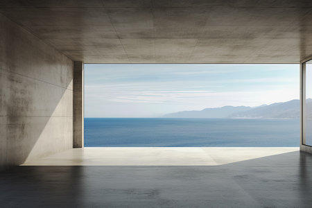 Empty concrete room with sea view and mountains. Mock up. Generative Aiの素材