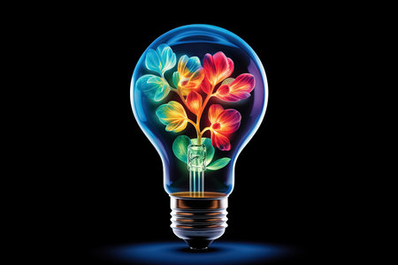 Light bulb with colorful flowers inside. Generative Aiの素材