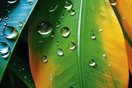 Water drops on a green leaf of a banana tree. Macro. Generative Aiの素材