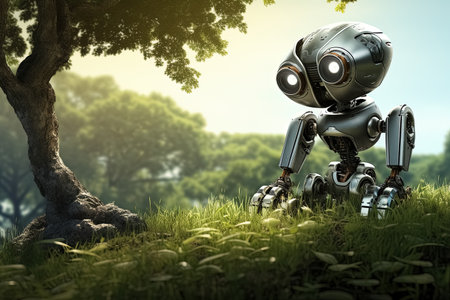 robot sit on the grass in the forest. Generative Aiの素材