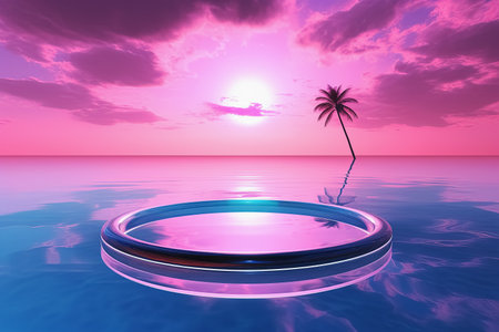 round podium in the sea with palm trees. Generative Aiの素材