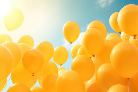 Yellow balloons flying in the blue sky with sun rays. Generative Aiの素材