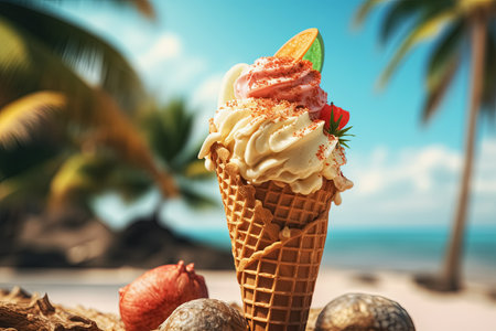 Ice cream in waffle cone on tropical beach with palm trees and coconut. Generative Aiの素材