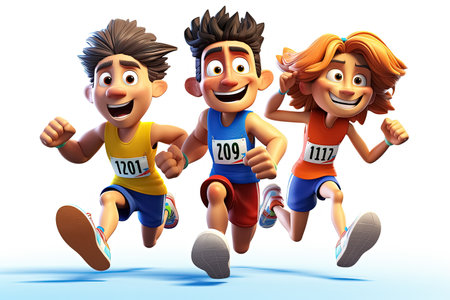 Three friends running together as a team in a race or competition concept. Generative Aiの素材