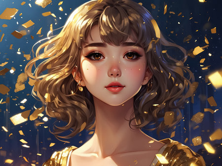 beautiful girl in golden dress with golden confetti.  Generative Aiの素材