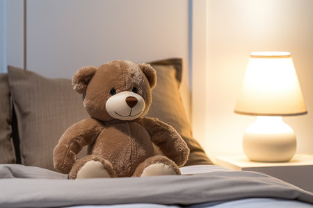 bear sitting on the bed with a lamp in the background. Generative Aiの素材