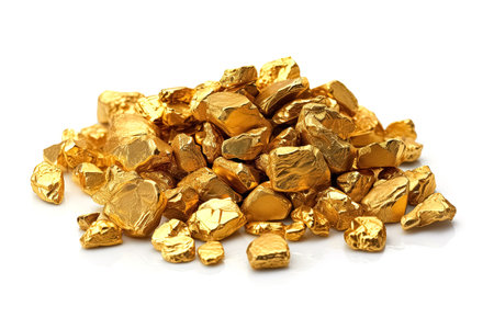 Pile of gold nuggets on white background. Generative Aiの素材