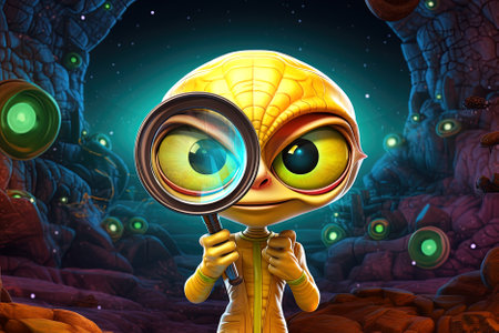 Fantasy alien with a magnifying glass in his hand. Generative Aiの素材