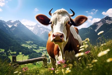 Cow on a summer meadow with flowers and mountains in the background. Generative Aiの素材