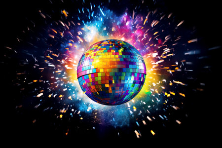 Disco ball with colorful firework on black background. Generative Aiの素材