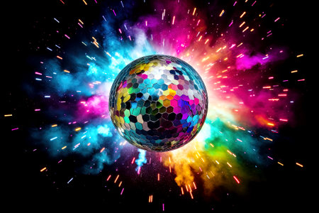 Disco ball with colorful firework on black background. Generative Aiの素材