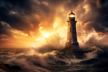 Lighthouse in stormy sea with light rays. Generative Aiの素材