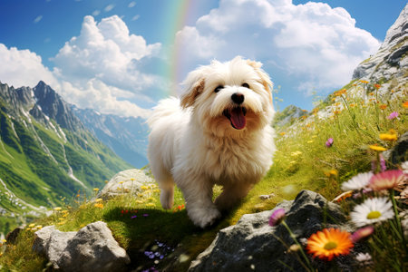 White fluffy dog on the background of high mountains with flowers and rainbow. Generative Aiの素材