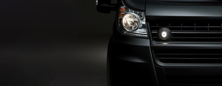 modern black car headlight closeup, panoramic layout. Generative AIの素材
