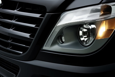 Front view of modern black car headlight closeup. Generative AIの素材