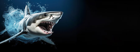 Great white shark swimming in the sea, panoramic layout. Generative AIの素材