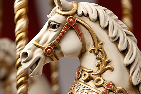 Close-up of a vintage carousel horse in the amusement park. Generative AIの素材