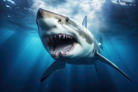 Great white shark swimming in the sea. Generative AIの素材