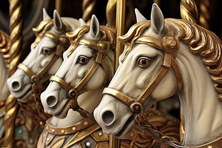 Close-up image of white horses on the vintage carousel. Generative AIの素材