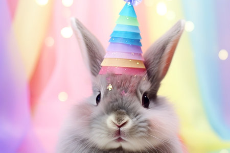 Cute rabbit with birthday hat on colorful background, closeup. Generative Aiの素材