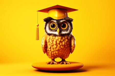 Owl with graduation cap and yellow background.  Generative Aiの素材