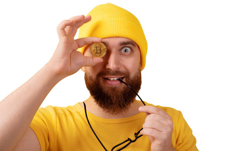 man holding bitcoin isolated on white background