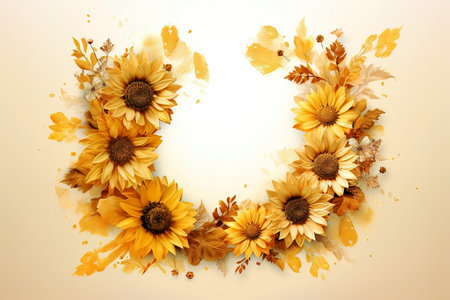 Flower wreath made of sunflowers on beige background. Generative Aiの素材