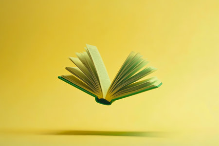 A green hardcover book levitating in mid-air with its pages fanned open against a vibrant yellow background. Concept of knowledge, imagination, education, and storytelling.の素材