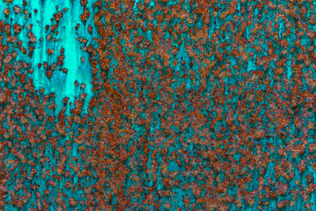 Close-up of teal-painted metal with scattered rust and corrosion, blending cool tones with earthy...
