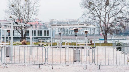 preparation for Christmas markets in Tyrsovo Nabrezie in Janka Krala park near Danube river.の写真素材