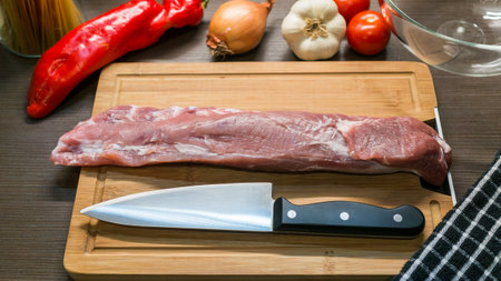 Top view of raw Pork tenderloin and vegetables on cutting board, Fresh raw meat prepared for cookingの写真素材