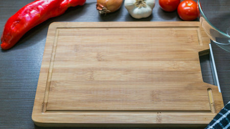 Top view of cutting board, prepared for cookingの写真素材