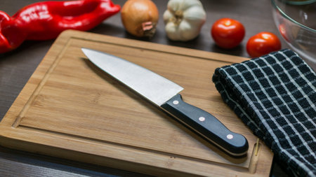 big kitchen Knife on cutting board with vegetablesの写真素材