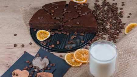 slices of chocolate brownie cake with cap milk and coffee beanas on wooden tableの写真素材