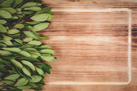 Green branches of fragrant laurel on wooden textured table top view.の写真素材