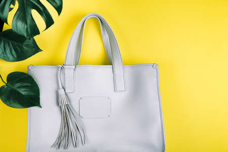 Grey colored stylish female hand bag with brush with monstera plant leaves composition on yellow background. Concep of accessories. Flat lay view.の写真素材