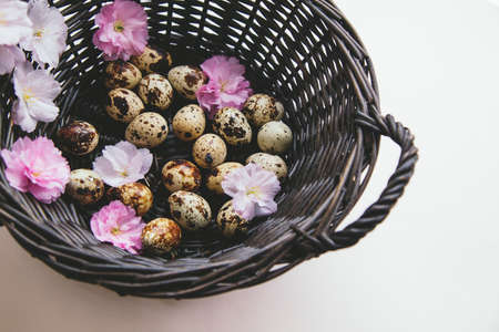 Quail eggs in brown rattan basket and pink flowers composition on beige background. Easter concept.の写真素材