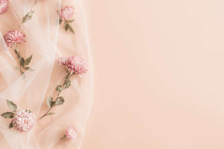 Beautiful soft pink chrysanthemums flowers on transparent tixtile on a background. Flat lay style.の写真素材