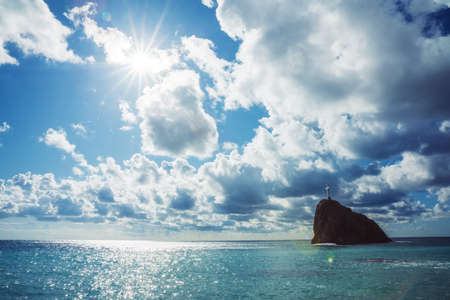 Bright blue color Black sea shore of Crimea peninsula with high cliff on the cost. Paradise stone beach.の写真素材