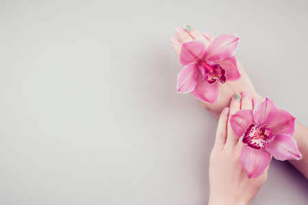 Pink tone pastel manicure hands holding two beautiful orchid flowers.の写真素材
