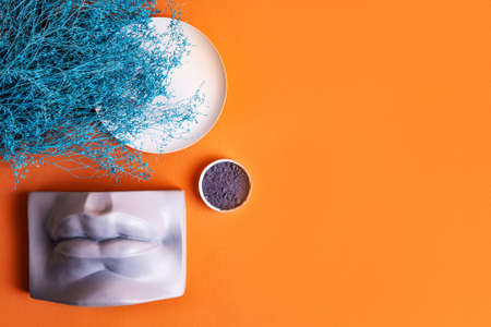 Art beauty set made of glass bottle with blue colored dry plant branch, plaster lips shaped vase and jars of lavender flower and powder.の写真素材