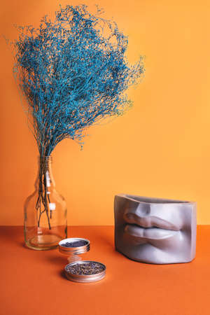 Art beauty set made of glass bottle with blue colored dry plant branch, plaster lips shaped vase and jars of lavender flower and powder.の写真素材