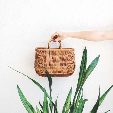 Hand holding rattan eco basket for food or lunch on white  wall background. Eco-friendly concept of consumption and shopping.の写真素材