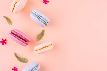 Plenty colorful macarons dessert such as strawberry, lemon and blue berry, mint leaves and flowers, flat lay style concept for holiday party.の写真素材