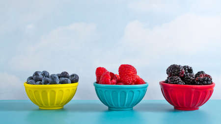 Blackberries, blueberries and raspberries in colorful bowls viewed from the side on blue surface against clouds backgroundの写真素材
