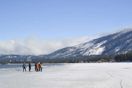 South Lake Tahoe, California, USA, 10 January 2016. Unidentified group of people enjoy enjoying the frozen waters of Lake Tahoe in the winter. Lake Tahoe is a tourist destination mostly due to winter sportsのeditorial素材