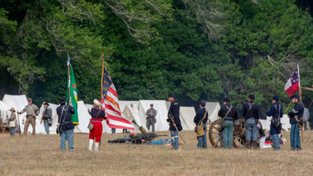 Duncan Mills, CA - July 14, 2018: Reenactor taking notes at the Northern California's Civil war...