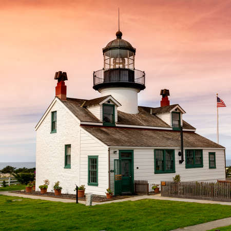 Point Pinos Lighthouse , the oldest continually operating lighthouse on the West Coast, in the sunriseのeditorial素材