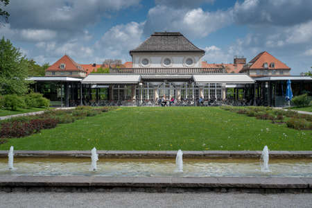 Munich, Bavaria, Germany - May 23, 2019.  MÃ¼nchen-Nymphenburg Botanical garden on a spring day featuring the entrance and the cafe, viewed from the backのeditorial素材